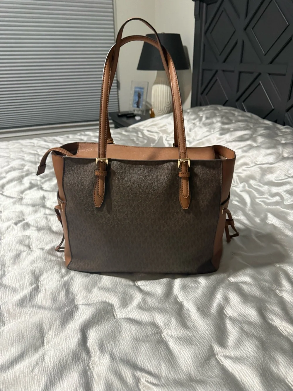 Michael Kors Brown and Tan Signature Logo Tote with Gold Charm